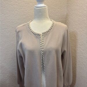 Ann Taylor Pearl-Trim Beige Cardigan Sweater